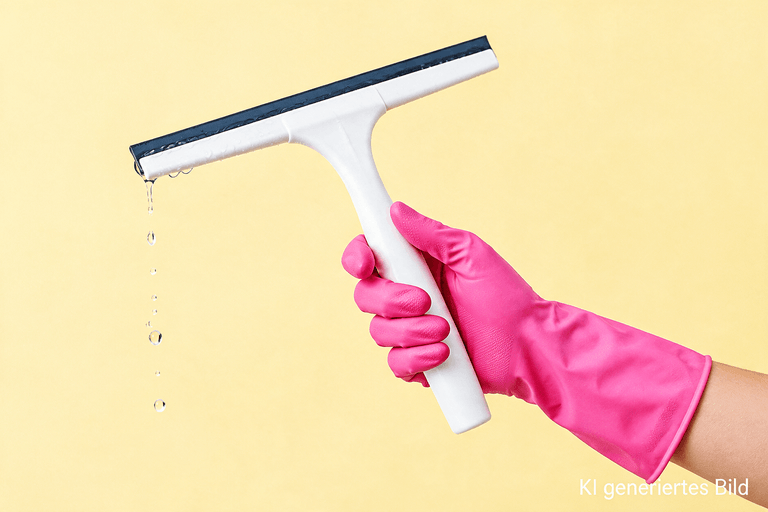 Putzen mit Klarspüler: Hand mit pinkem Gummihandschuh und Fensterabzieher an einer Glasscheibe.