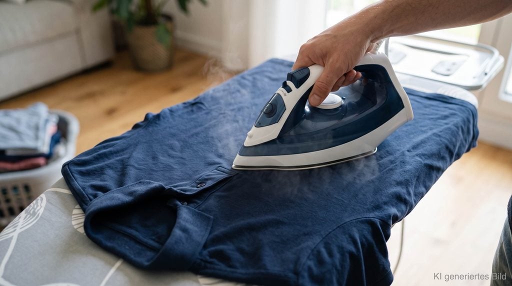 Eine person bügelt ein blaues, zerknittertes Poloshirt mit einem Bügeleisen auf einem Bügelbrett, im Hintergrund ein Wäschekorb mit gefalteter Kleidung.