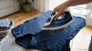 Eine Person bügelt ein blaues, zerknittertes Poloshirt mit einem Bügeleisen auf einem Bügelbrett, im Hintergrund ein Wäschekorb mit gefalteter Kleidung.